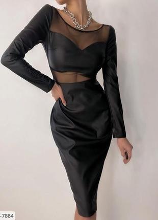 Платье кожа сетка чёрное приталенное футляр1 фото