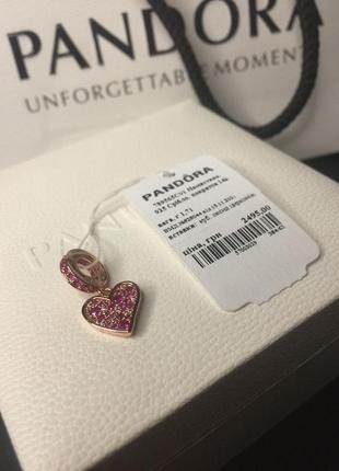 Серебряный шарм пандора 789565c01 сердце сердечко с розовыми камнями розовое золото серебро проба s925 ale новый с биркой pandora