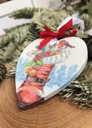 Підвіска «зимова пташка та подарунки» двостороння новорічна декор на ялинку будинок прикраса хендмейд ручна робота3 фото