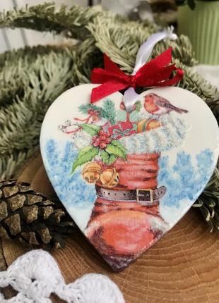 Підвіска «зимова пташка та подарунки» двостороння новорічна декор на ялинку будинок прикраса хендмейд ручна робота4 фото