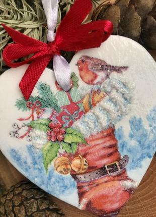 Підвіска «зимова пташка та подарунки» двостороння новорічна декор на ялинку будинок прикраса хендмейд ручна робота8 фото