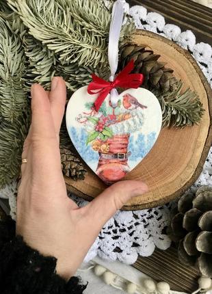Підвіска «зимова пташка та подарунки» двостороння новорічна декор на ялинку будинок прикраса хендмейд ручна робота9 фото