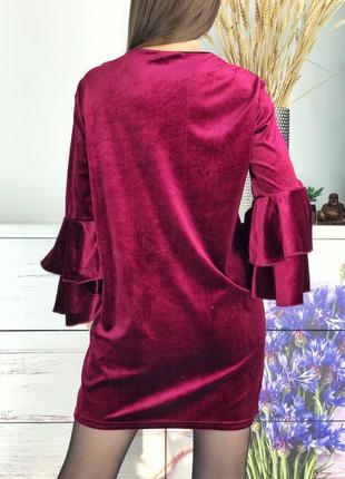 Пряма оксамитова сукня в винному кольорі з гарними рукавами 1+1=36 фото