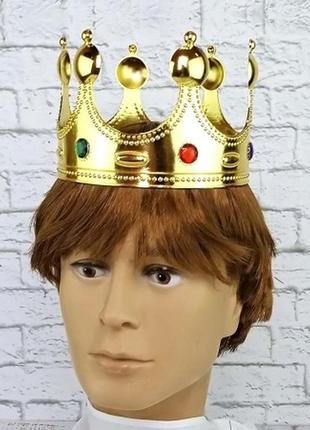 Карнавальная корона короля царя пластиковая золотая с камнями+подарок1 фото