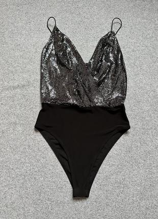 Боди бодик new look  88a чёрный блестящий красивый нежный на тонких лямках