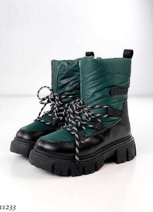 Черевики чоботи дутики зима екошкіра плащівка чорний зелений