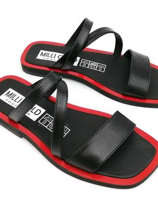 Кожаные женские шлепанцы  черные с красным.