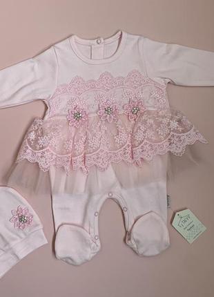 Нарядное трикотажное платье-человечек комплект с шапочкой турция розовое 3-6 мес