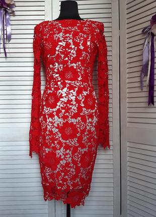 Плаття по фігурі з червоного мережива з відкритою спинкою й довгими прозорими рукавами sheinside