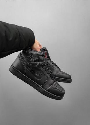 Мужские высокие кожаные кроссовки с мехом nike air jordan 1 black fur #найк