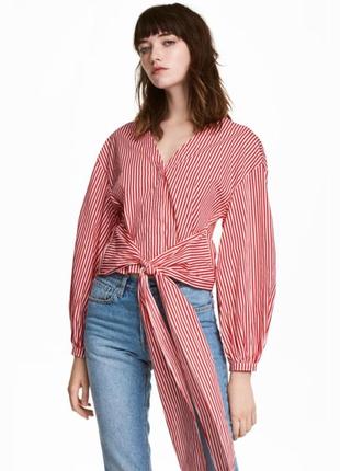 Блуза рубашка h&m в полоску на запах красная с белым объёмный рукав1 фото