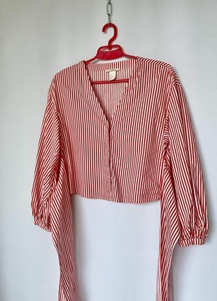 Блуза рубашка h&m в полоску на запах красная с белым объёмный рукав5 фото