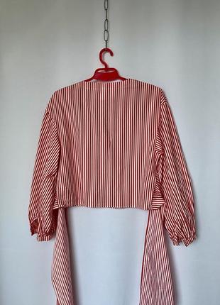 Блуза рубашка h&m в полоску на запах красная с белым объёмный рукав6 фото
