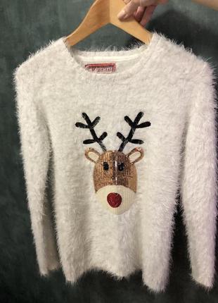 Новогодний свитер, свитер с оленем, свитер трава, белый свитер