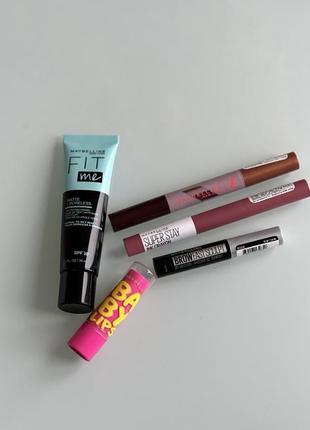 Набор косметики maybelline помада, тушь для бровей, праймер, тени