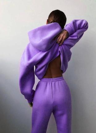 Женский спортивный костюм на флисе, с двойным капюшоном, цвет: черный, капучино, белый, лаванда, голубой, темно-синий, красный. размер: 42-46, 48-52