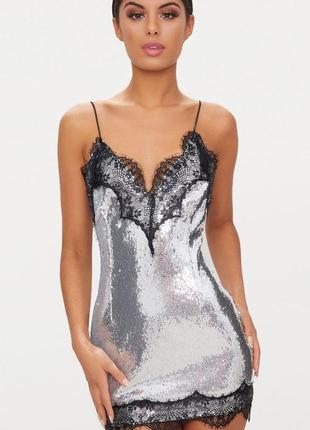 Роскошное серебристое платье prettylittlething! паетки! качество!