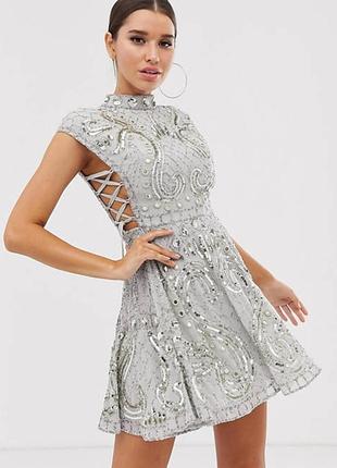 Платье мини обшитое бисером и пайетками asos disign