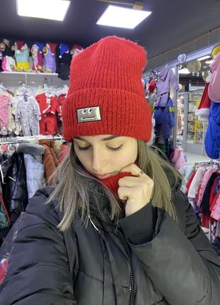 Зимовий набір шапка хомут червоний 54 розмір підлітковий жіночий