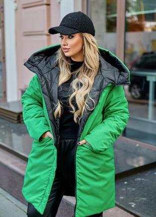 Зимова куртка двохстороння двостороння батал великий розмір чорно - зелений  синьо-малиновий 🖤💚💙💗