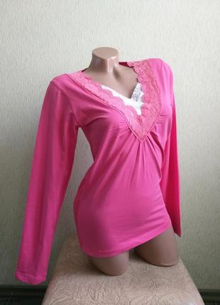 Необычный лонгслив. трикотажная блуза. джемпер. кружево. розовый, малиновый, белый.2 фото