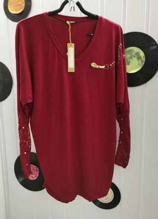 Блуза джемпер з камінням та ажурними рукавами 50-54 розмір туреччина