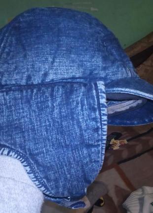 Тепла фірмова зимова джинсова шапка-кепка-ушанка на 4-6 р. на меху.2 фото