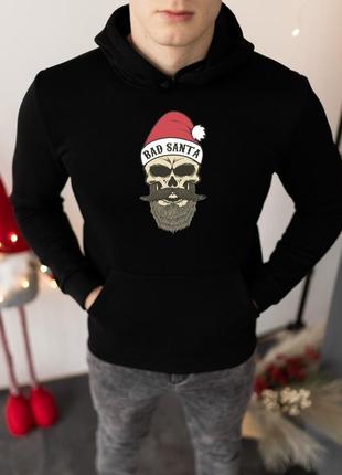Чоловіча преміум утеплена худі з принтом bad santa новорічна святкова якісна
