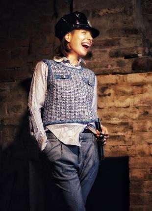 Вязаный жилет в клетку zara жилетка безрукавка топ меланж меланжевый в стиле chanel