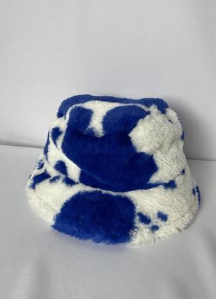 Панама меховая белая с синими разводами шапка зимняя с подкладкой корова4 фото