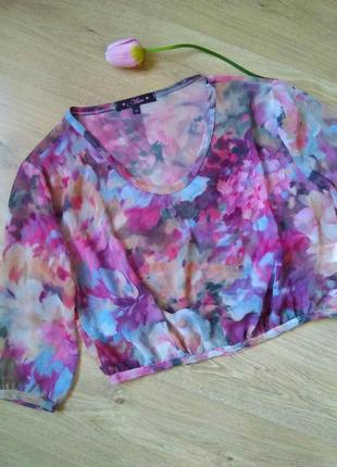 Красивейшая короткая прозрачная блуза miso/топ блузка женская с 3/4 рукавами/акварельный принт3 фото