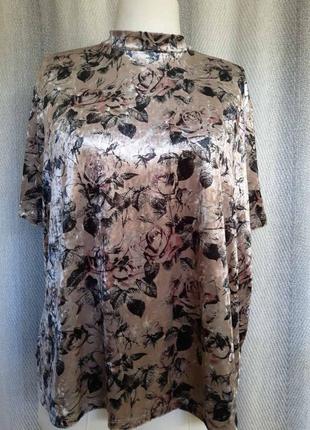Женская велюровая, бархатная блуза, блузка, футболка, кофта, кофточка в цветах.большой размер,батал.8 фото