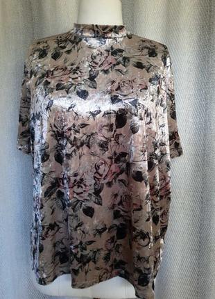 Женская велюровая, бархатная блуза, блузка, кофта, кофточка, футболка мелкий цветок, батал.