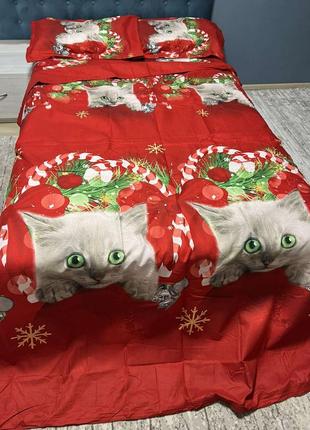 Новорічна постільна білизна фланель зкотиками