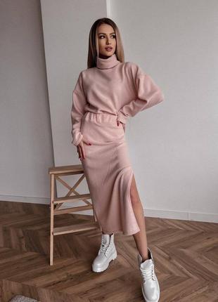 Костюм с юбкой миди из ангоры тёплый стильный бежевый пудровый черный молочный юбка миди с разрезом свитер кофта джемпер кофточка свитшот блуза