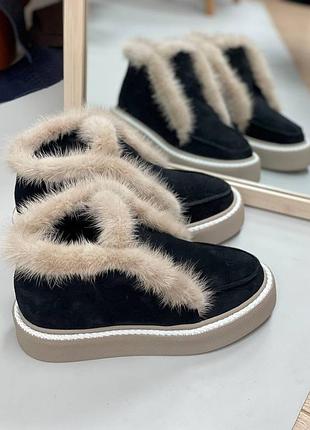 Тепленькі замшеві черевики лофери з хутром норки колір на вибір