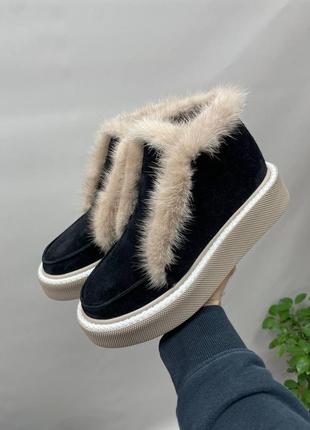 Теплые замшевые ботинки лоферы с мехом норки8 фото