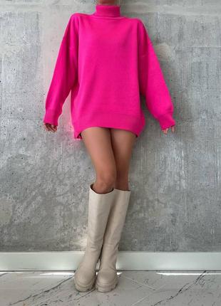 Кофта свитер с горлом турция длинный теплый зима осень вязка молоко песочный бежевый фуксия малина розовый2 фото