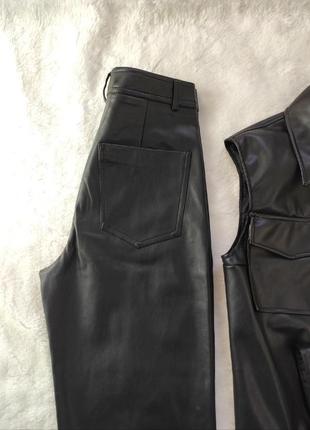 Черные прямые кожаные штаны брюки кюлоты кроп теплые зимние трубы широкие высокая талия10 фото
