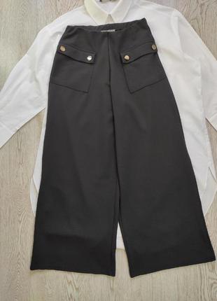 Чорні штани-кльош-палацо широкі прямі висока талія стрейч із кишенями1 фото