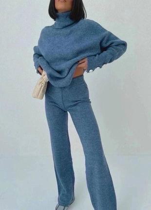 Костюм двойка прогулочный классический ангора свитер с горлом брюки клеш трубы палаццо чёрный серый молоко бежевый песочный синий