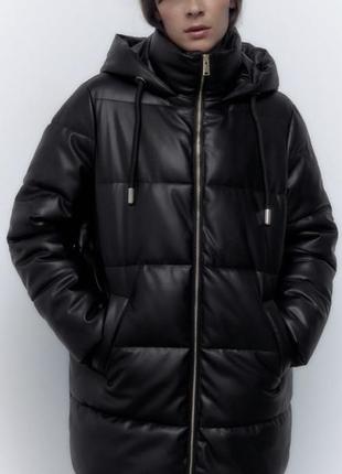 Шкіряний пуховик кожа еко zara leather puffer