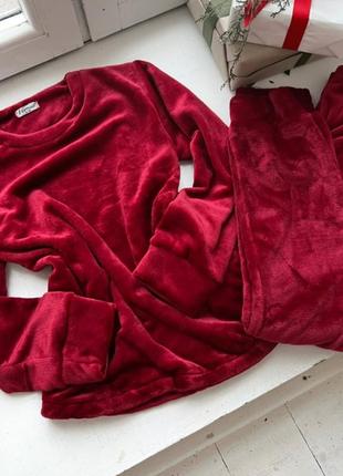 Махровый бордовый теплый костюм для дома кофта и штаны, пижама