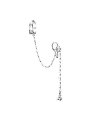 Двойная серьга каффа серебро 925 покрытие сережка обманка без прокола на цепочке