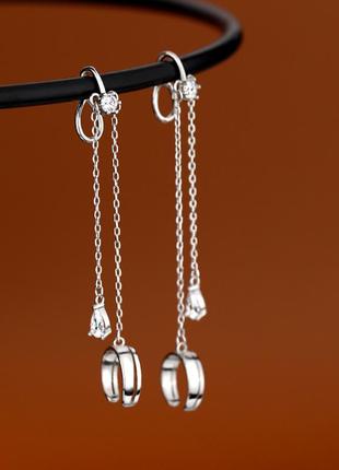 Двойная серьга каффа серебро 925 покрытие сережка обманка без прокола на цепочке