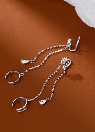 Двойная серьга каффа серебро 925 покрытие сережка обманка без прокола на цепочке