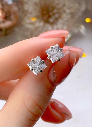 Серебряные серьги гвоздики с квадратным белым камнем, квадратные серьги пусеты серебро
