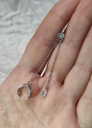 Двойная серьга каффа серебро 925 покрытие сережка обманка без прокола на цепочке