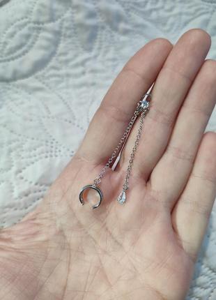 Двойная серьга каффа серебро 925 покрытие сережка обманка без прокола на цепочке