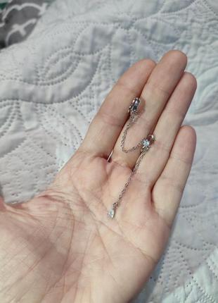 Двойная серьга каффа серебро 925 покрытие сережка обманка без прокола на цепочке